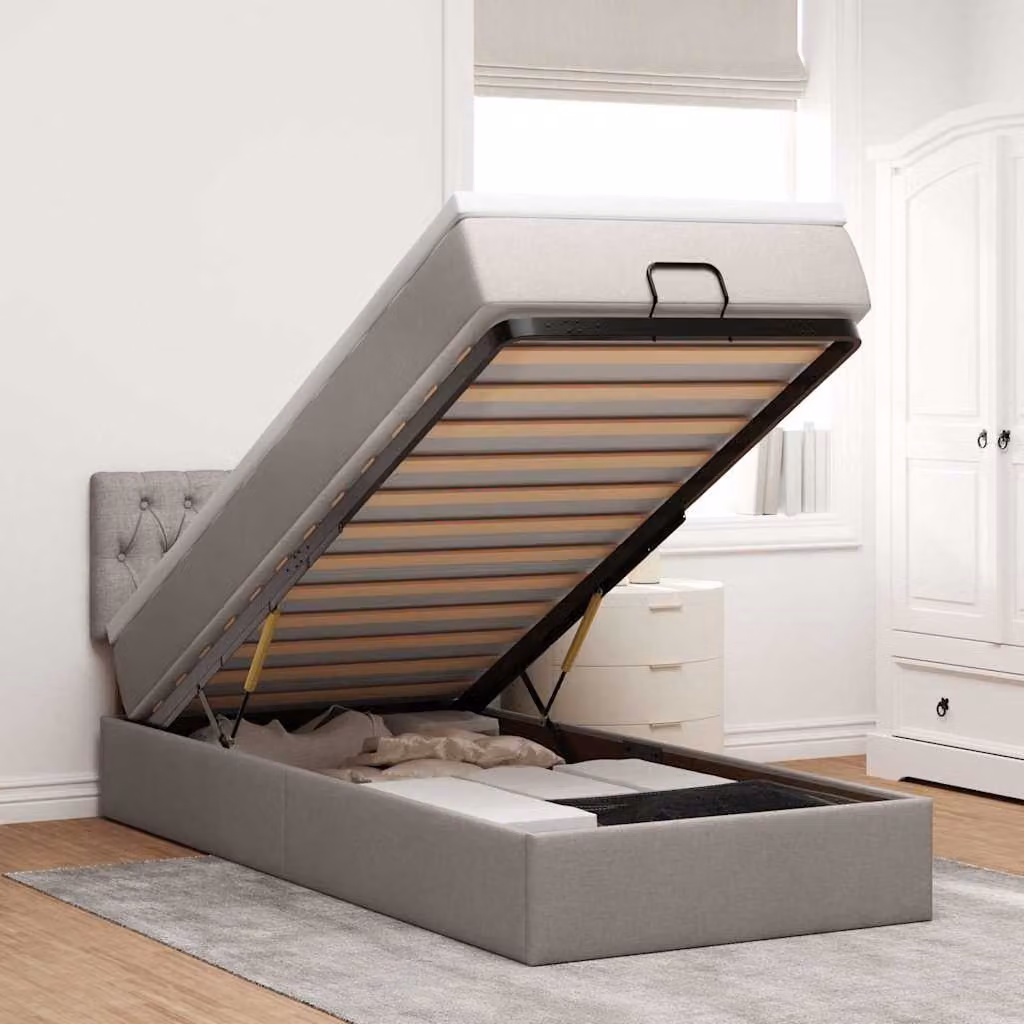 vidaXL Letto con Base Contenitore e Materasso in Tessuto, Colore Grigio e Beige, L 80 x P 200 x H 140 cm – 1