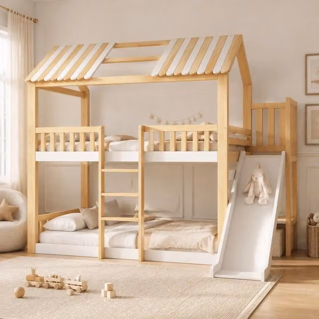 Letto a castello ULEVR 90x200 cm con tetto a capanna, scaffale laterale e scivolo, bianco e naturale