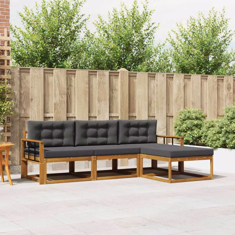 vidaXL Set di divani da esterno a L in legno di acacia con pouf e cuscini, Marrone e Antracite