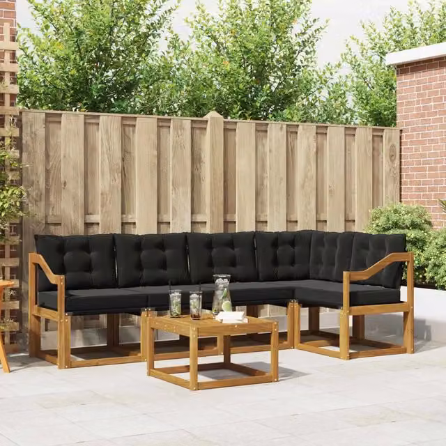 Set di divani da esterno a L vidaXL in legno di acacia e textilene, colore marrone e nero, composto da 6 pezzi con tavolo da caffè e cuscini inclusi – 1