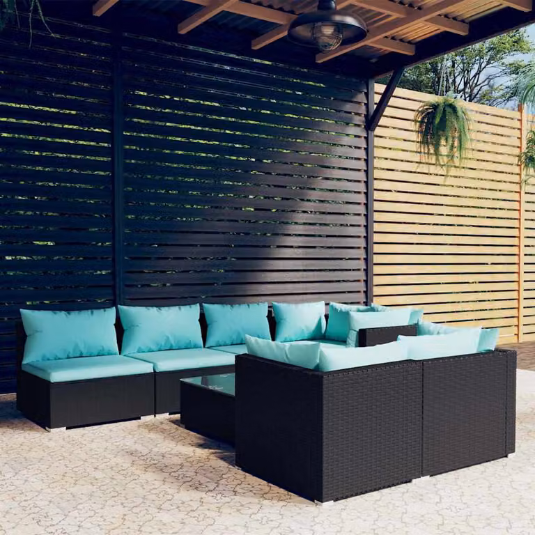 Set di mobili da giardino vidaXL a forma di L con 8 pezzi, polyrattan nero e blu con cuscini imbottiti e tavolino da caffè