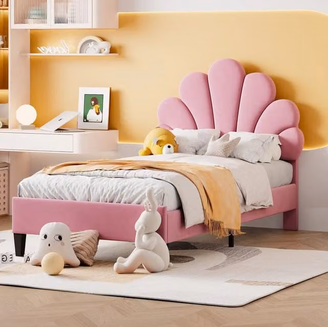 Letto imbottito ULEVR 90x200 cm con testiera a fiore e 12 doghe, rivestimento in velluto rosa