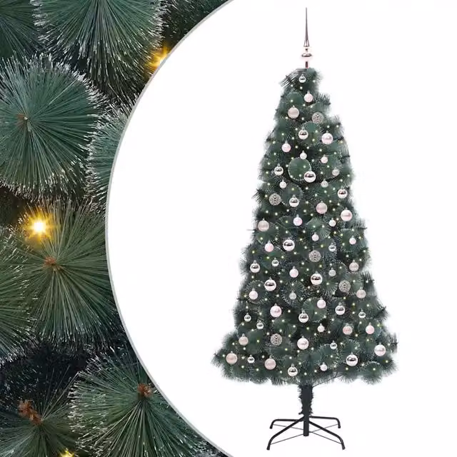Albero di Natale artificiale preilluminato con LED luce bianca calda e set di palline verde vidaXL – 1