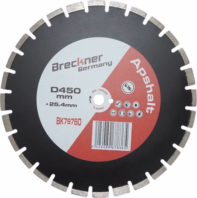 Disco diamantato segmentato Breckner per asfalto e calcestruzzo fresco, Diametro: 450 mm, Foro: 25,4 mm, Segmento A40 12 mm