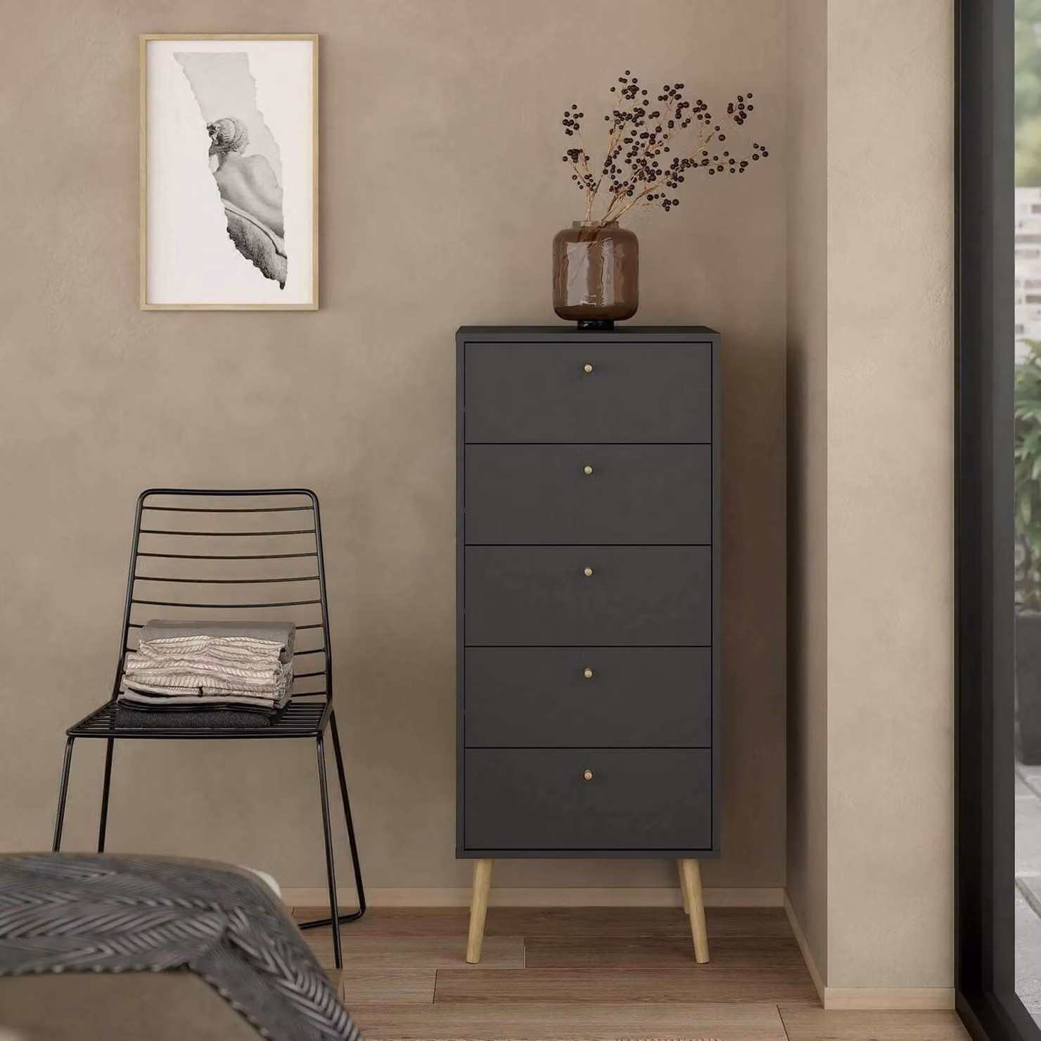 Dmora Cassettiera Yaounde 39.1x50.2x120.1h cm Grigio, 5 Cassetti Apertura Scorrevole