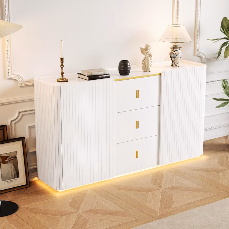 Credenza STILVORA con illuminazione a LED, mobile da soggiorno, mobile contenitore con 3 cassetti, mobile ausiliario per soggiorno, camera da letto e corridoio, bianco