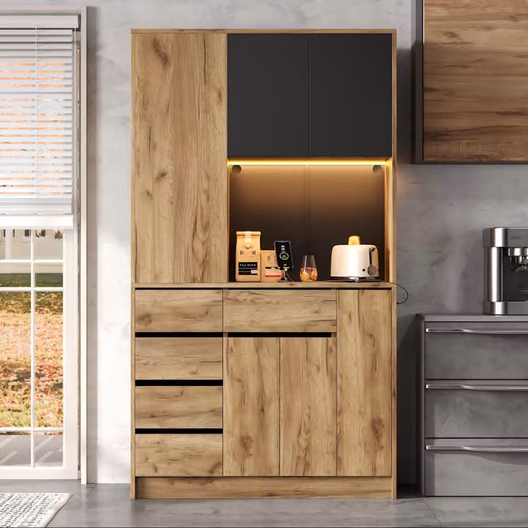 Flieks cucina mobile alto con presa di corrente e usb, credenza con led, mobile buffet con portaspezie estraibile, finitura naturale