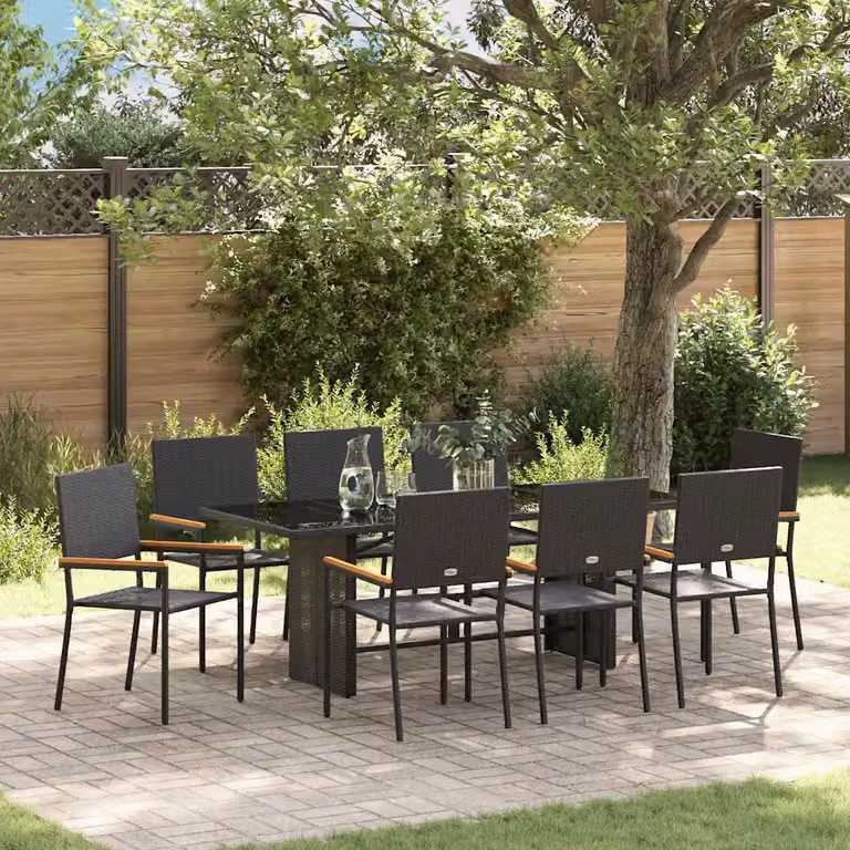 Set da pranzo per giardino vidaXL in polyrattan nero e marrone con tavolo in vetro e legno di acacia, 9 pezzi