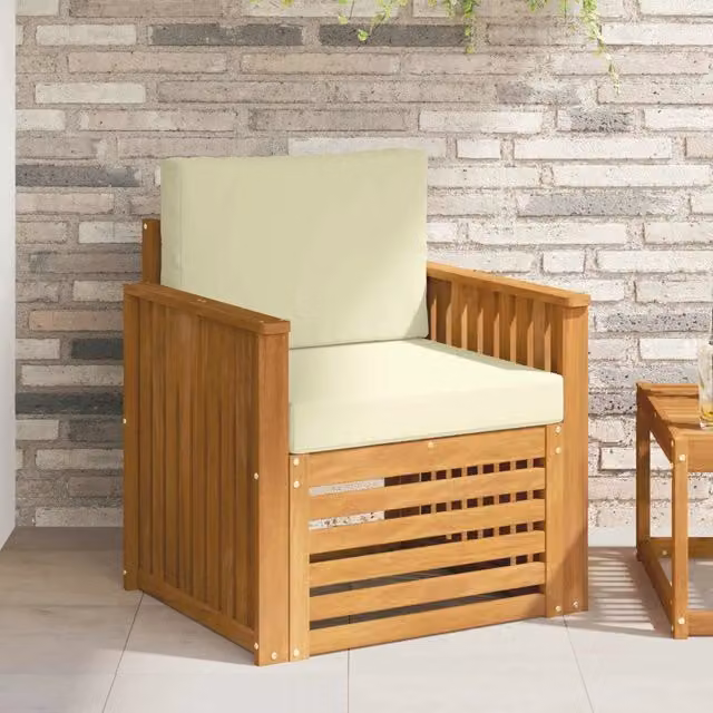 Divano da esterno moderno in legno di acacia massello e poliestere beige e bianco per giardino e terrazza L/P/H: 73 x 59 x 63 cm