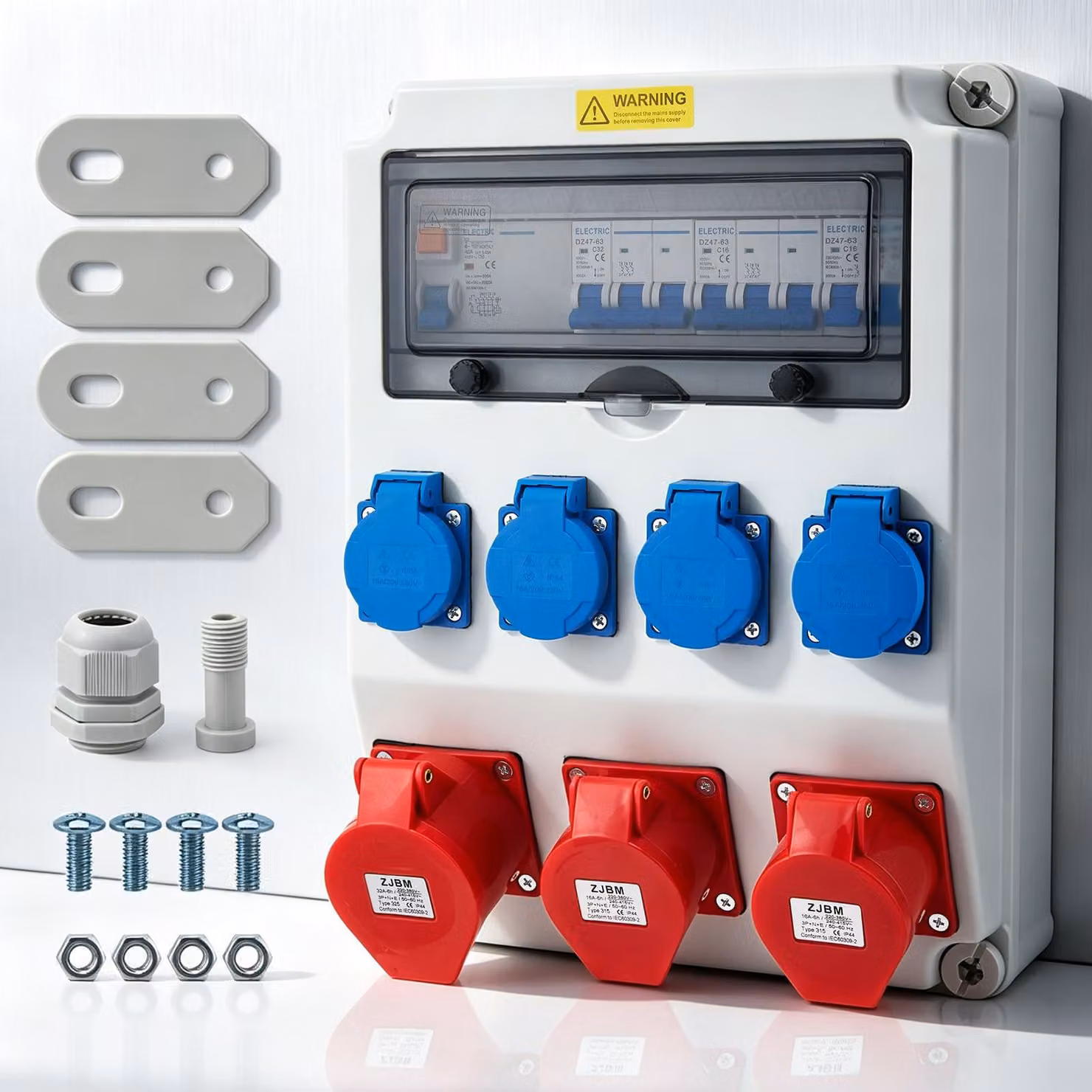 Quadro di distribuzione a 4 prese da 230V, 2 prese CEE da 16A e 1 presa CEE da 32A, grado di protezione IP67