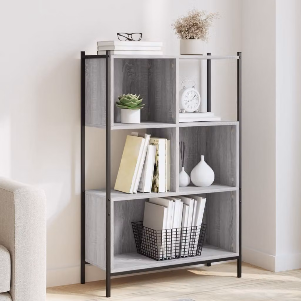 Libreria moderna vidaXL in legno e metallo grigia con pannello posteriore, L 72 cm x P 28 cm x H 109 cm
