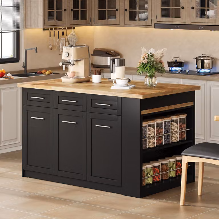 okwish Mobili da cucina multifunzionali con tavolo da pranzo allungabile, con 3 cassetti e 3 scomparti, armadio laterale carrello di servizio con ante e ripiani regolabili, naturale + nero