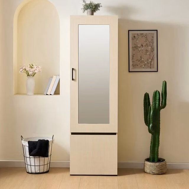 Armadio da ingresso con specchio, asta estraibile, ripiani e vano a ribalta in MDF effetto legno, 54 × 34.5 × 179.5 cm