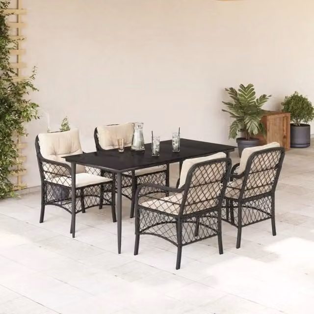 Set da Pranzo da Giardino 5 pz Nero con Cuscini in Polyrattan