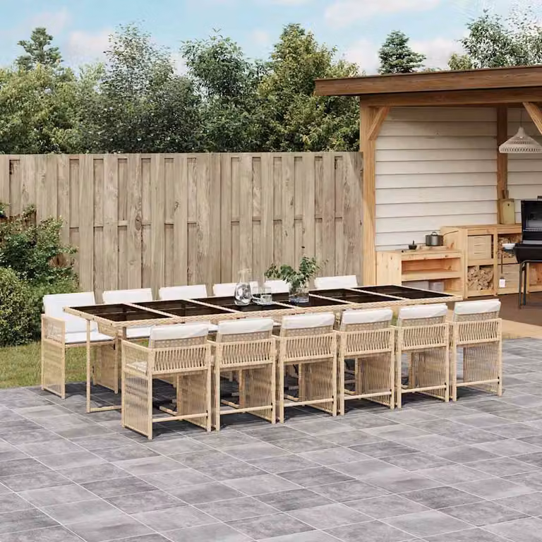 Set da pranzo da giardino vidaXL in polyrattan con cuscini beige e piano in vetro per 13 persone