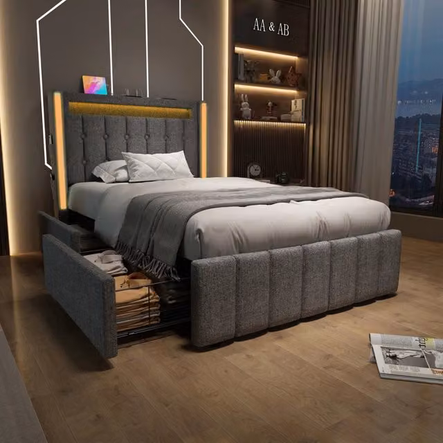 Letto contenitore 90x200 cm in lino grigio, USB Type-C, LED, senza materasso