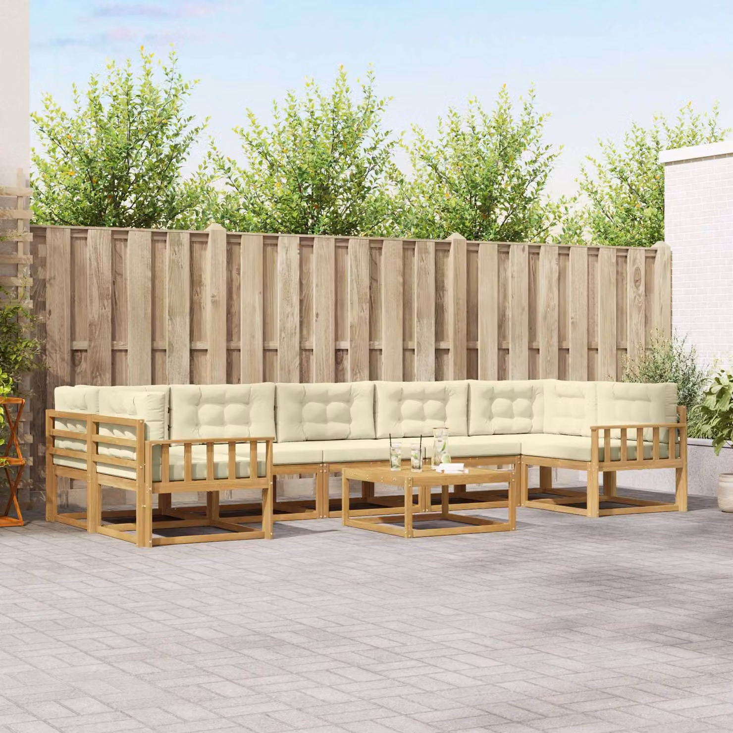 vidaXL Set di divani da esterno a L in legno di acacia con tavolo da caffè, 6 pezzi, Bianco e Beige