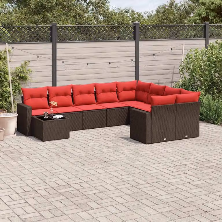 vidaXL Set Divani da Giardino 10 Pezzi in Polyrattan Marrone con Cuscini e Tavolino da Esterno