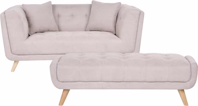 Divano a due posti Beliani in tessuto beige con poggiapiedi coordinato e cuscini decorativi, stile retrò con gambe in legno, L: 176 cm, P: 78 cm, H: 72 cm