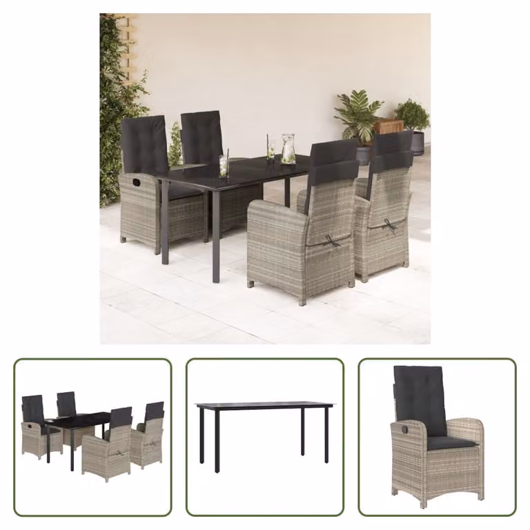 The Living Store Set da pranzo da giardino 5 pezzi con cuscini in rattan grigio chiaro