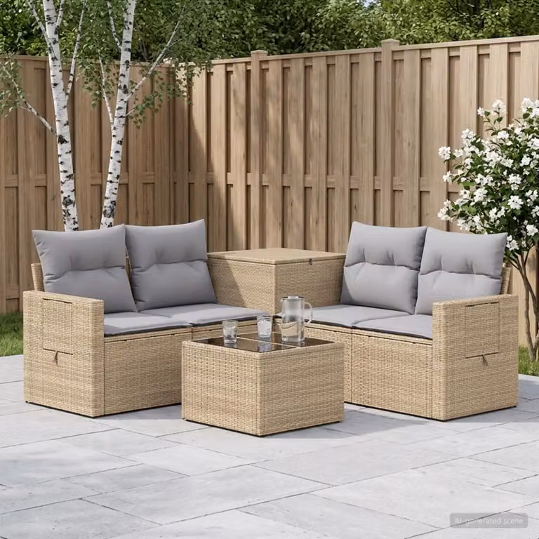 vidaXL Set di divani da giardino a forma di U in polyrattan con tavolo da caffè, 6 pezzi, Beige e Grigio Chiaro