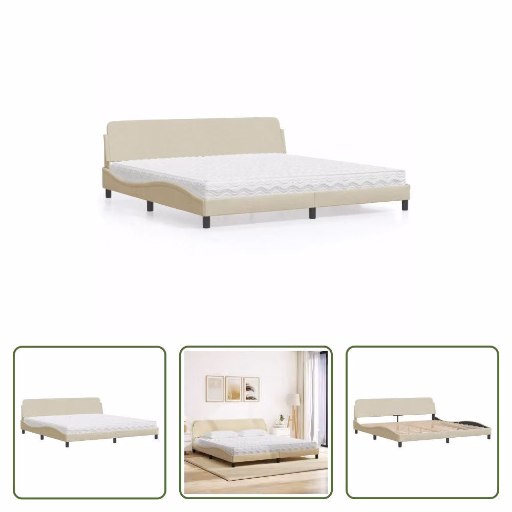 The Living Store Letto con materasso crema 200x200 cm in tessuto
