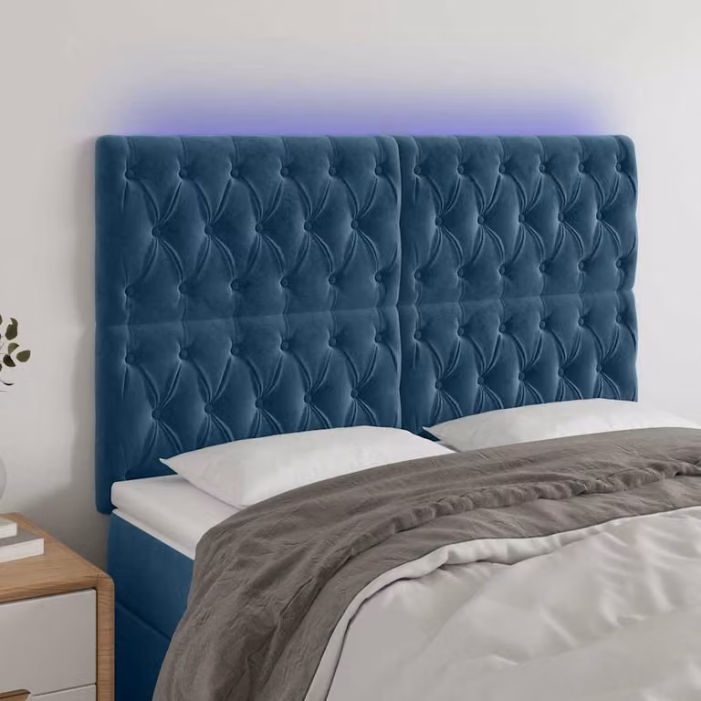 Testiera con LED e porta di ricarica USB vidaXL in velluto blu, L: 144 cm, P: 7 cm, H: 118-128 cm