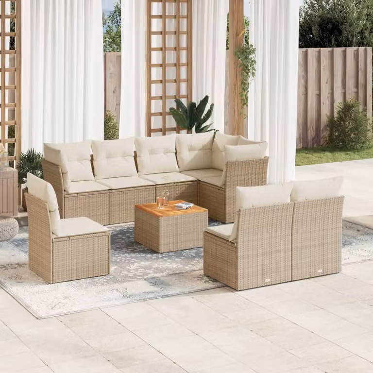 vidaXL Set Divano da Giardino 9 pz a Forma di L in Polyrattan con Cuscini Beige e Tavolino da Caffè