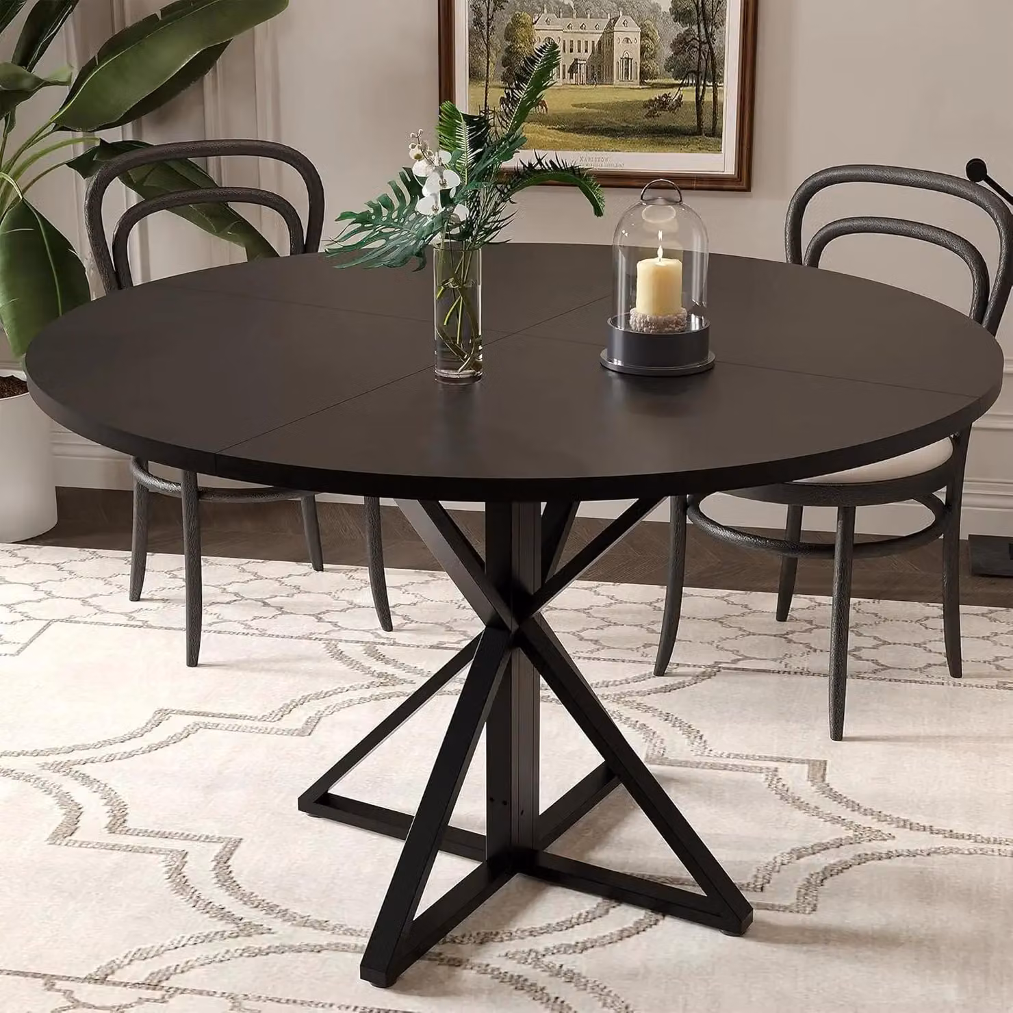 Tavolo da pranzo - Rotondo Ø120 cm - Piano in legno - Base in metallo massiccio - Per 4 persone - Stile moderno minimalista - Nero