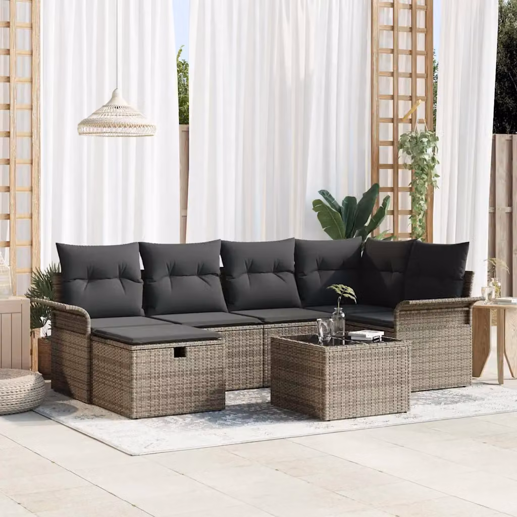 Set Divano da Giardino vidaXL 7 Pezzi in Poly Rattan con Cuscini e Tavolino, Design a L con Struttura in Acciaio Verniciato a Polvere, Grigio o Marrone – 1