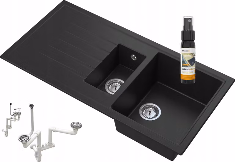 Granitan - Lavello in granito - Lavandino 99,5x49,8 cm - Lavello cucina nero - con sifone - Solaria