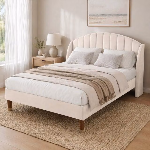 Letto imbottito 140x200 cm in velluto beige con rete a doghe e testiera