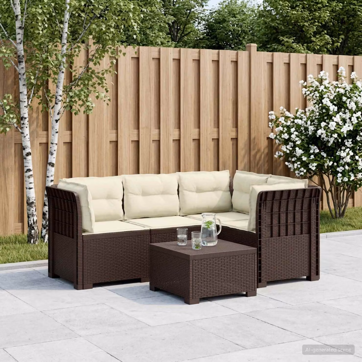 Divano da giardino angolare a L vidaXL con cuscini beige e marrone in effetto rattan resistente ai raggi UV