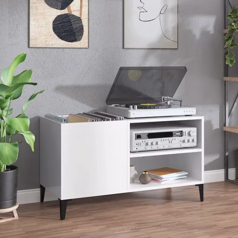 vidaXL Mobile Porta Dischi Bianco Lucido in Legno Multistrato L: 84,5 cm, P: 38 cm, H: 48 cm