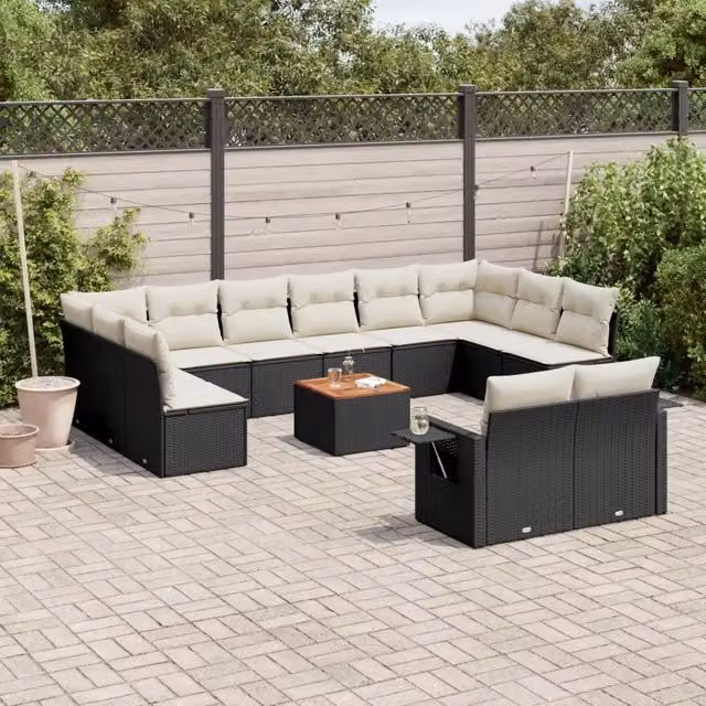 Set di Divani da Giardino a L vidaXL in Polyrattan Nero con Cuscini e Tavolino da Esterno – 1