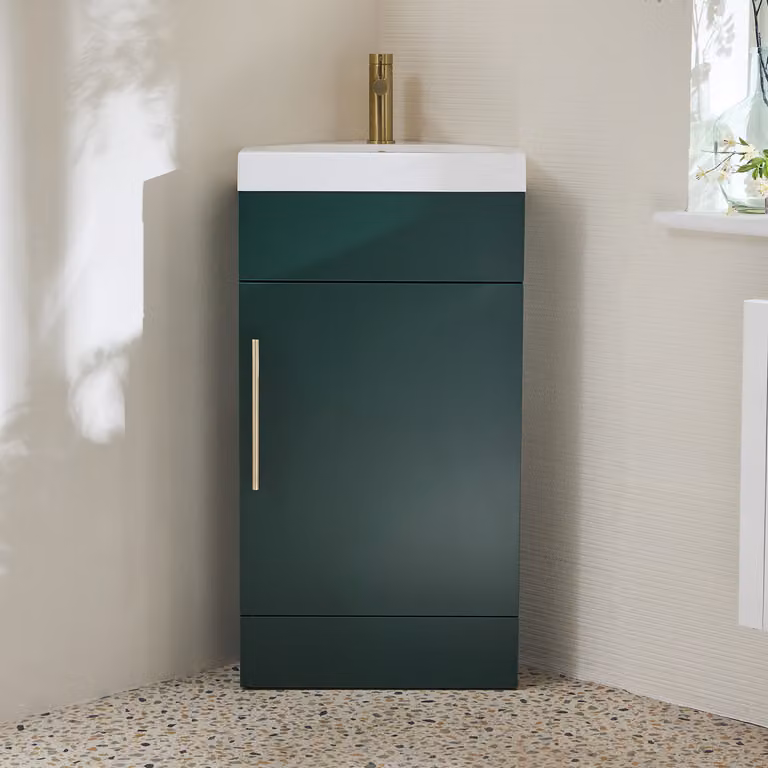 Mobile Bagno a Terra Angolare Verde Scuro da 450mm con Lavabo e Maniglia con Barra a T in Oro Satinato - Cluo