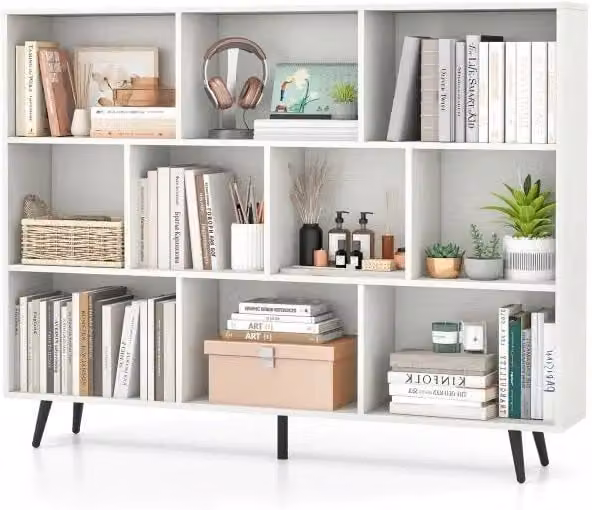 Libreria a 10 Cubi Moderna da 140 cm Mobile Contenitore Autoportante con 5 Gambe in Metallo per Casa e Ufficio Bianco