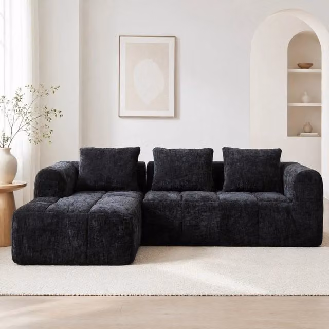 Divano Angolare Reversibile REDOM in Tessuto Chenille Nero L/P/H: 250 x 158 x 60 cm