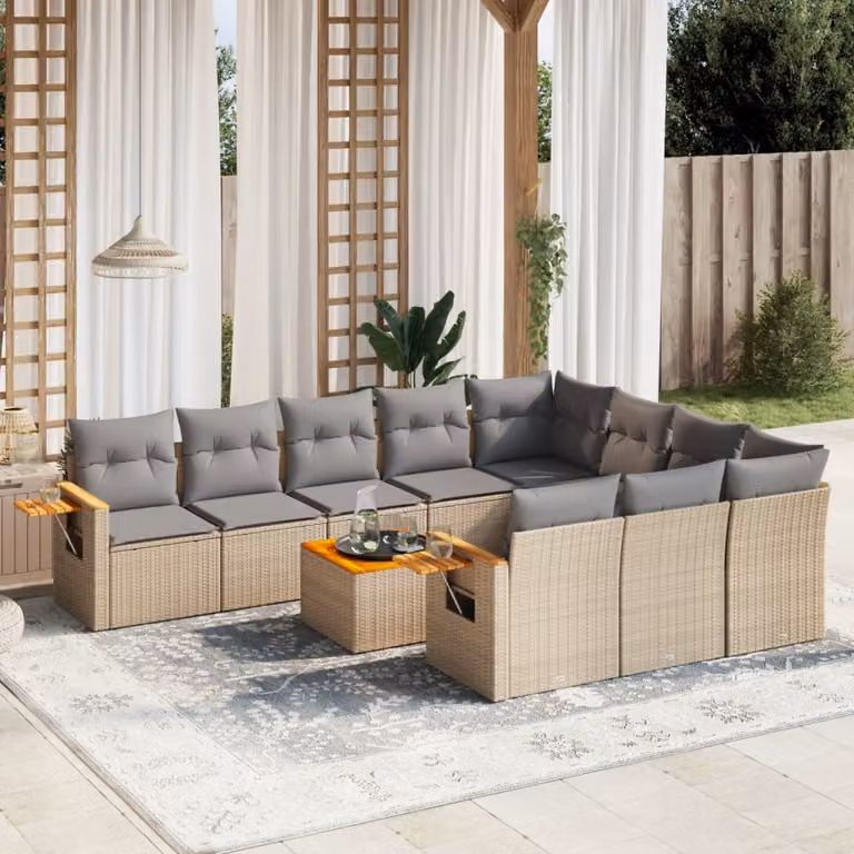 Set di divani da giardino vidaXL 11 pz in polyrattan beige con cuscini e tavolino da esterno a forma di L