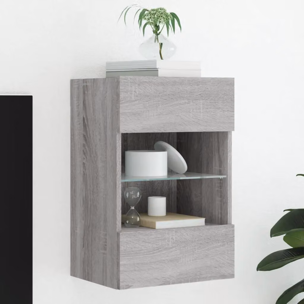 Mobile TV da parete vidaXL con luci LED integrate, Grigio Sonoma, L: 40 cm, P: 30 cm, H: 60,5 cm