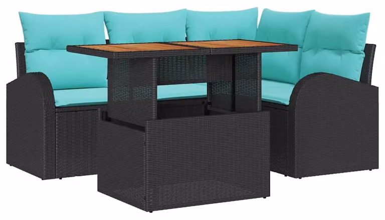 Set da giardino composto da 5 pezzi, colore nero, in rattan sintetico