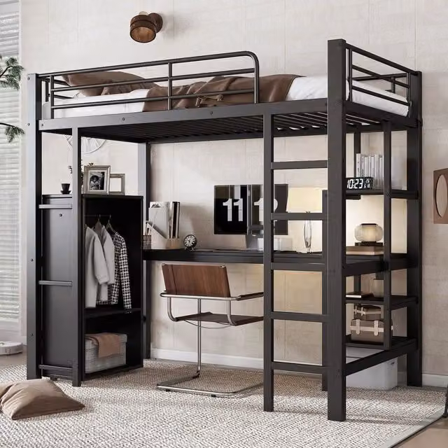 Letto a castello ¨C Minimal ¨C Nero, metallo e truciolare, 90x200cm con tavolo e armadio integrati