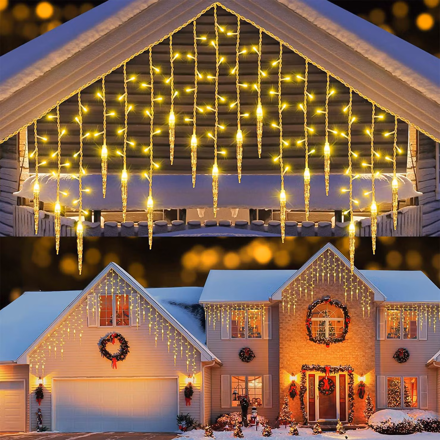 Catena luminosa a LED a forma di stalattiti, effetto pioggia di luci, tenda luminosa, decorazione natalizia per esterni, 8 modalità, luce bianco caldo, ideale per decorare grondaie e finestre durante le festività natalizie
