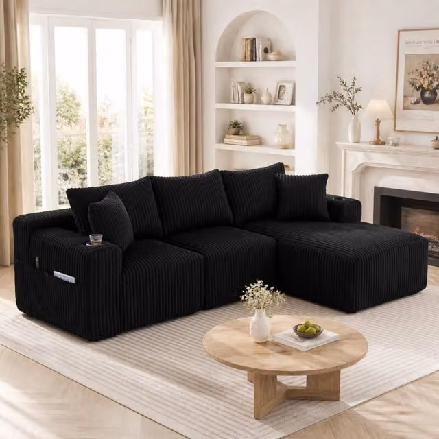 Divano modulare 3 posti con penisola 257x160x62 cm, velluto a coste nero, 5 cuscini inclusi, tasche laterali e portabicchieri