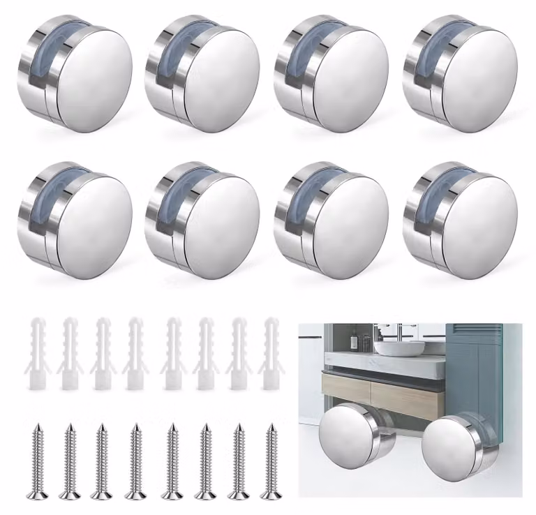 Clip per specchi in lega di zinco, confezione da 8 pezzi, adatti per vetri da 4-7 mm, colore argento