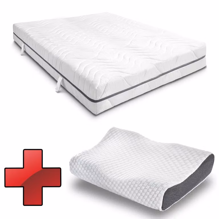 materasso viscoelastico a 7 zone Sleezzz Smart 120 x 200 cm, altezza 18 cm, livello di rigidità H3 con schiuma a memoria d'aria + cuscino ortopedico Sleezzz Premium con effetto gel per il collo 32 x 60 cm