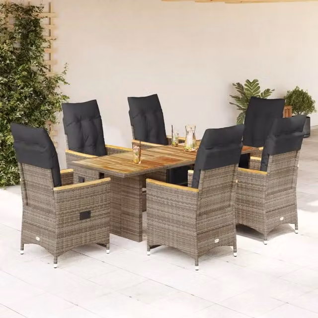 Set Bistrò da Giardino vidaXL in Polyrattan e Legno di Acacia Grigio, 7 Pezzi