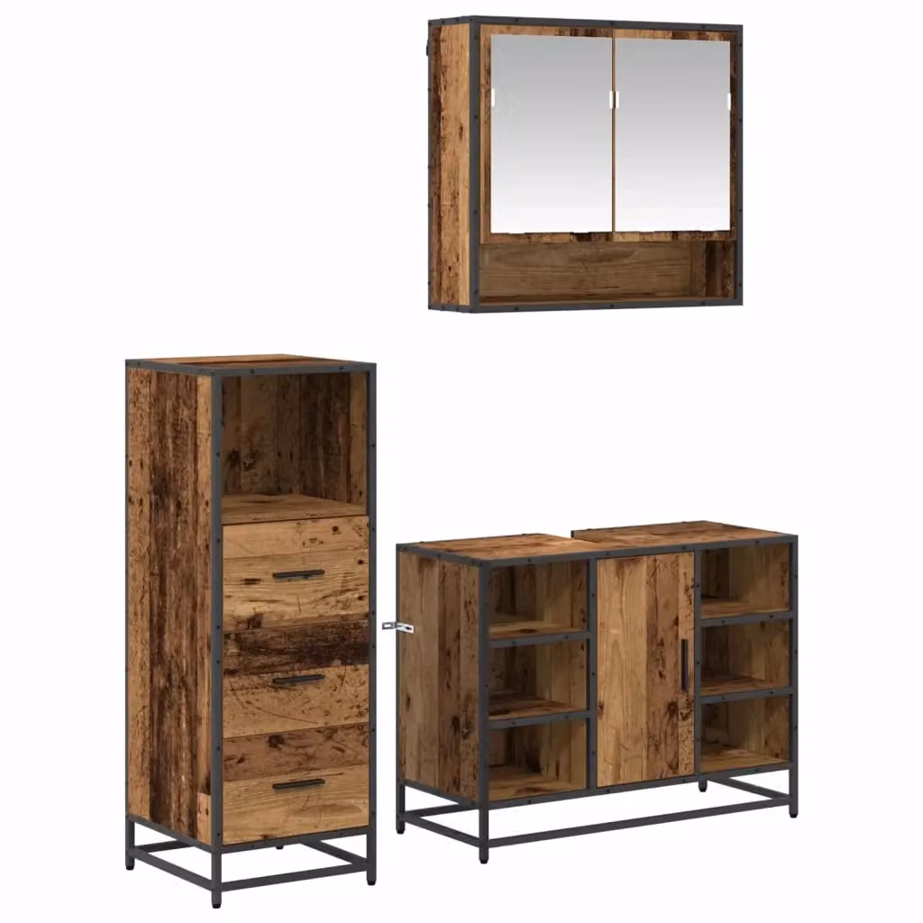 Set di mobili per il bagno vidaXL 3 pezzi in stile minimalista, colore marrone e nero, con armadietto con specchio, mobile lavabo e mobile laterale in legno e metallo – 2