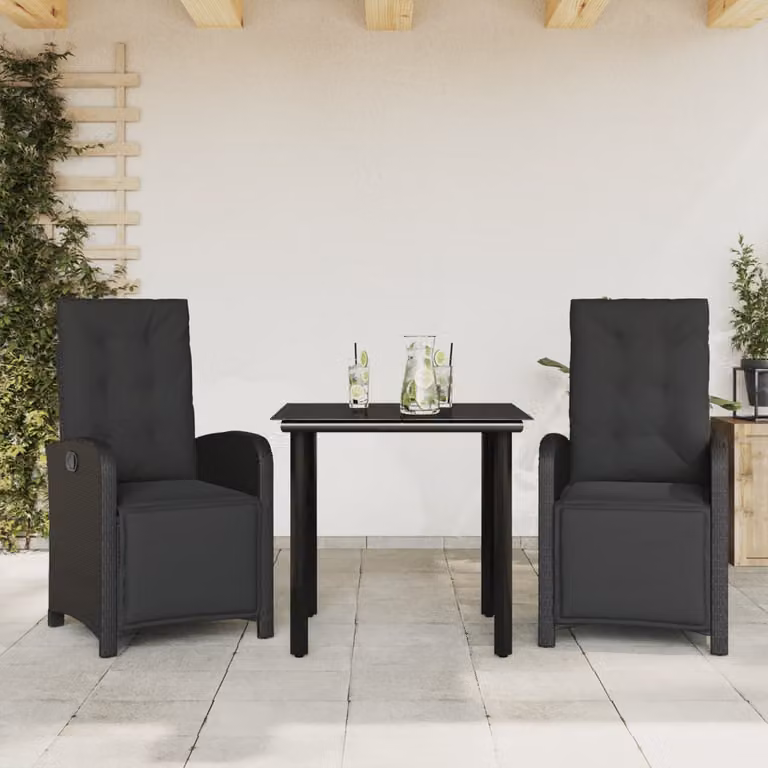 Set da Bistrò vidaXL 3 pz in Polyrattan Nero con Cuscini e Piano in Vetro