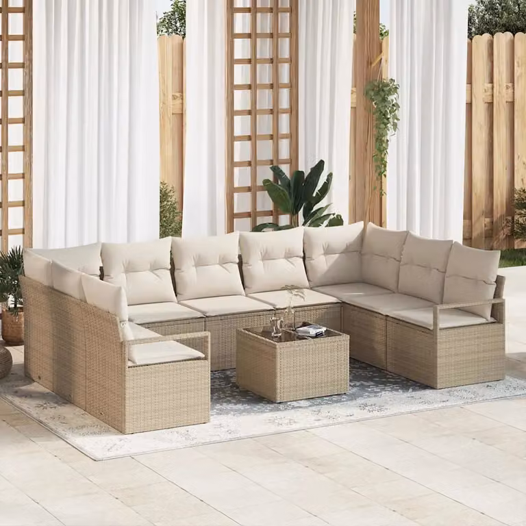 Set di divani da giardino vidaXL a forma di U in polyrattan beige con cuscini e tavolino da caffè